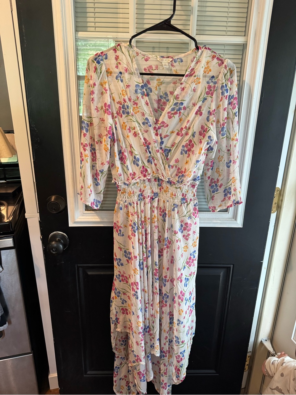 Floral Midi Dress — White with Pink & Blue Flowers